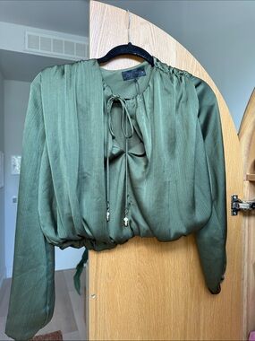 Zara Olive Green Tie-Front Peasant Blouse